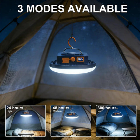 Crazy Bright 4000 Lumen Portable LED Camping Lantern With Digital Display and 30W Power hanging inside a tent showing 3 light modes.