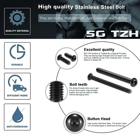 Built Tough 5/16 X 1 1/4 Inch Button Head Socket Cap Bolts 304 Stainless Steel 18-8 Grade Allen Hex Drive Black Oxide Finish 10 Piece Set Wrench Included For Heavy Duty Jobs with detailed close-up of bolt features and quality.