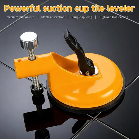 Adjustable Vacuum Suction Seam Clamp For Floor Gap Fixing And Tile Alignment, yellow tool with heavy-duty rubber cups on tile surface