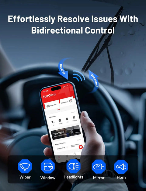 Bi-Directional Bluetooth OBD2 Scanner in action, wirelessly controlling car components via a smartphone app, inside a vehicle.