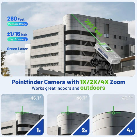 Outdoor Long Range Green Laser Measure With Camera And Bluetooth, 260 Feet Range, P2P Technology, IP68 Rugged, Free App Included, Micro USB Cable, Hand Strap And Pouch, Accuracy Within One Sixteenth Inch, measuring building facade