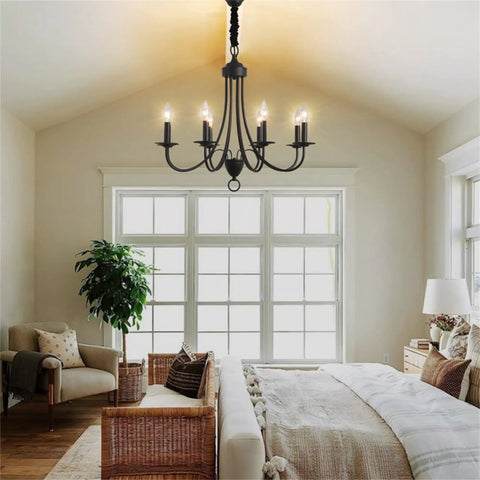 8-Light Black Chandeliers For Dining Room And Kitchen, Vintage Farmhouse Candle Chandelier With E12 Base over a cozy bedroom