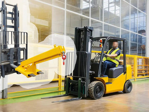Heavy Duty Adjustable Forklift Jib Boom Crane With 6600Lb Three Ton Capacity Bulletproof Telescopic Arm in use at job site.