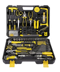 Must Have All In One Home Tool Kit With Toolbox Storage Case For DIY Home Repairs And Auto Maintenance Includes Ratchet Set Screwdrivers Pliers Wrenches Hammer Tape Measure Utility Knife And More in open black and yellow case