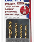 Packaging of Brad Point Drill Bit Set Titanium Coated 4 Pieces For Woodworking Fits All Rotary Tools No Hassle Drilling Centered Holes