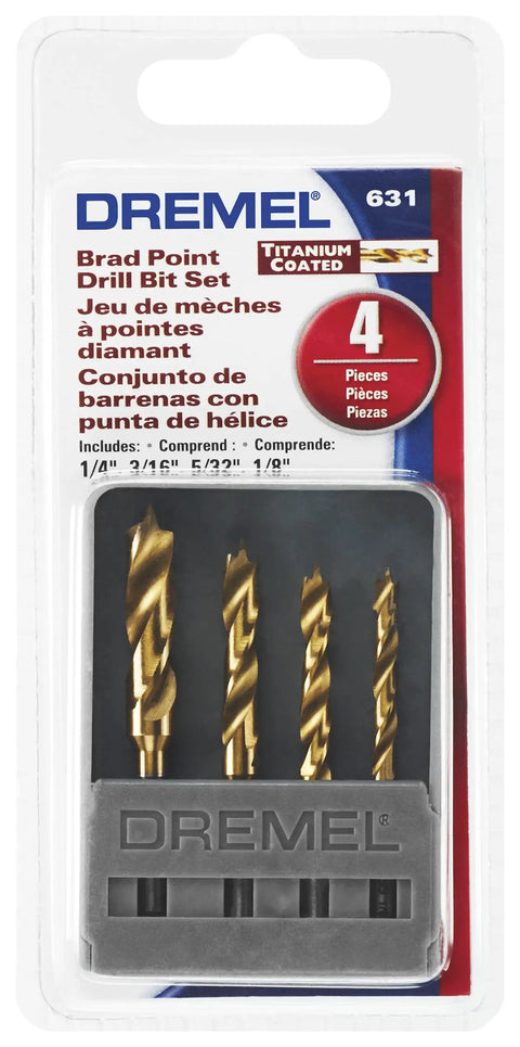 Packaging of Brad Point Drill Bit Set Titanium Coated 4 Pieces For Woodworking Fits All Rotary Tools No Hassle Drilling Centered Holes