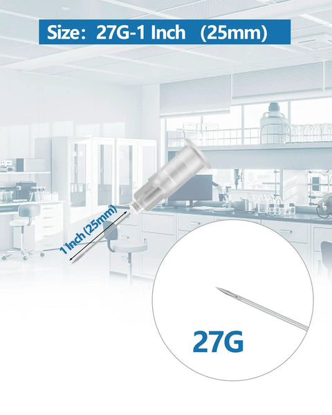 Top Shelf 100 Pack 27 Gauge 1 Inch 304 Stainless Steel Syringe Needles With Secure Caps For Lab Work Industrial Applications Built Different And Individually Wrapped with 1 inch measurement.