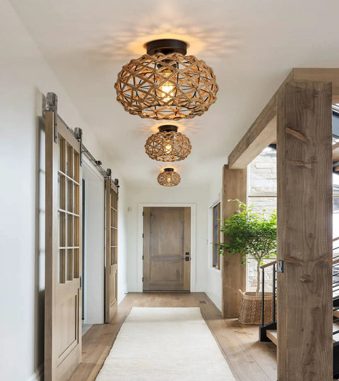 Dope Boho Semi Flush Mount Ceiling Light With Woven Hemp Rope Cage And Rattan Wicker Rustic Charm in hallway