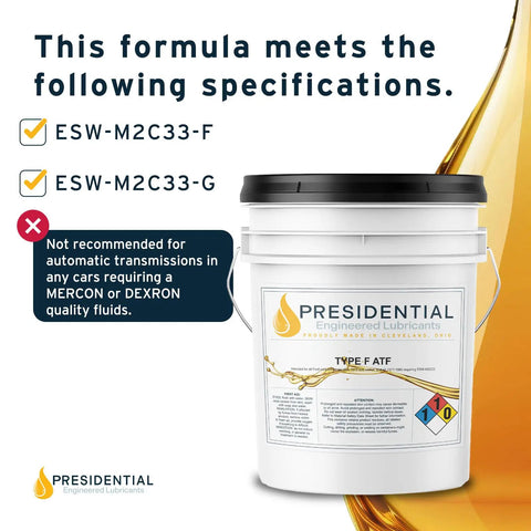 Type F Automatic Transmission Fluid 5 Gallon container with specifications for vintage vehicles and usage guidelines.