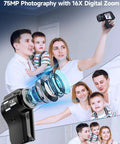 Family using 8K Ultra HD Video Camcorder for YouTube and Live Streaming with 75MP Photos, dual view recording, 16x zoom.