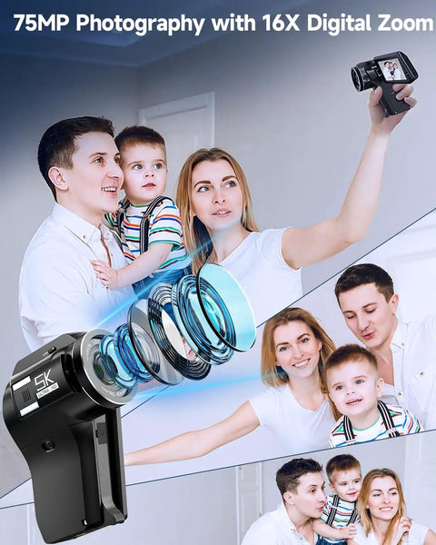 Family using 8K Ultra HD Video Camcorder for YouTube and Live Streaming with 75MP Photos, dual view recording, 16x zoom.