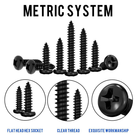 Heavy Duty Black Phillips Pan Head Micro Screw Assortment Set For Wood Plastic And Soft Metal Diy showing various screw sizes and features.