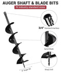 Electric Post Hole Digger Kit With 6 Inch And 12 Inch Auger Bits showing 6 inch auger, spiral blade, sharp drill, 3/4 inch interface.
