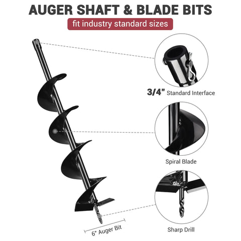 Electric Post Hole Digger Kit With 6 Inch And 12 Inch Auger Bits showing 6 inch auger, spiral blade, sharp drill, 3/4 inch interface.