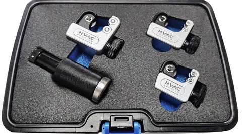 Beefy Heavy Duty Universal Tube Cutter Set With Adjustable Knobs And Deburring Tool in a protective case