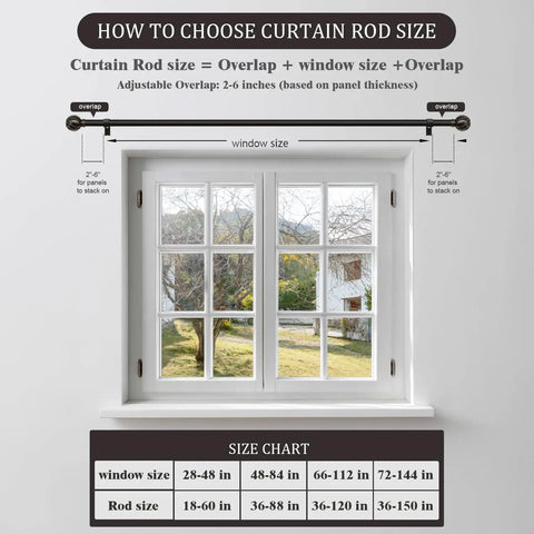 How to choose Black Curtain Rods For Windows 36 To 150 Inches with overlap guide and size chart.