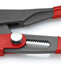 Rapid Adjust Swedish Pipe Wrench 12 Inch Quick Button Adjustment 45 Degree Angled S Shaped Jaw in red and grey