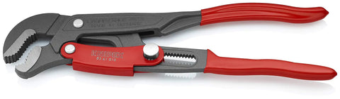 Rapid Adjust Swedish Pipe Wrench 12 Inch Quick Button Adjustment 45 Degree Angled S Shaped Jaw in red and grey