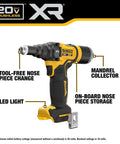 20V Max XR Cordless Rivet Tool Three Sixteenths Inch With Brushless Motor, 2100 Lbf Pulling Force, tool-free nose change