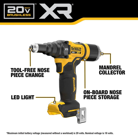 Close-up of Dewalt 20V Max Xr Cordless Rivet Tool Dcf403B Bare Unit with brushless motor features and tool-free nose change.