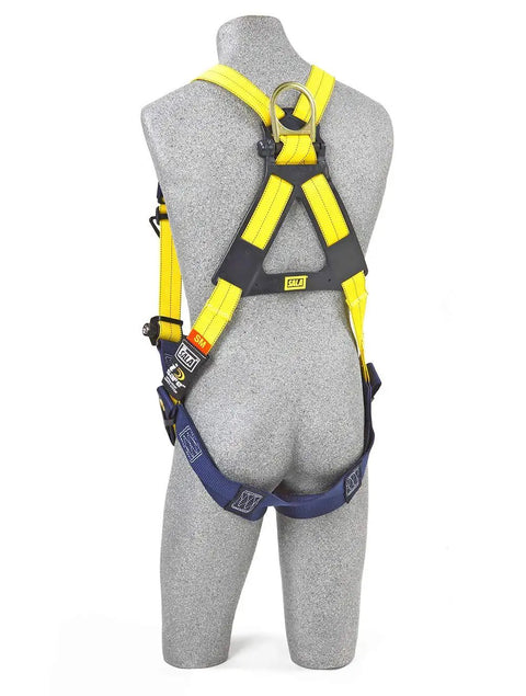 Delta Vest Style Harness With Stand Up Back D Ring And Tongue Buckle Leg Straps X Small Yellow Industrial Safety Gear on mannequin.