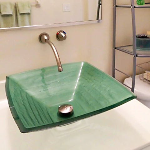 Dope Square Glass Vessel Sink In Light Green With Frosted Bottom, Tempered And Scratch Resistant Non Porous Surface, 18.25 Inch Wide