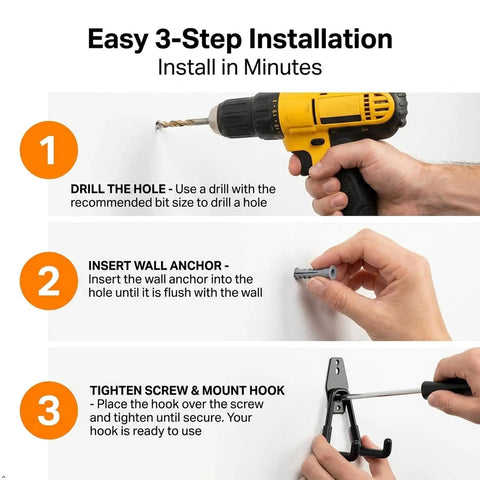 Easy 3-step installation guide for Top Shelf Garage Wall Hooks 3 Pack Heavy Duty Steel Square Storage Rack.