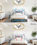 Room with Cool Modern Ceiling Fan With Light Semi Flush Mount Low Profile Design, showcasing summer and winter modes.