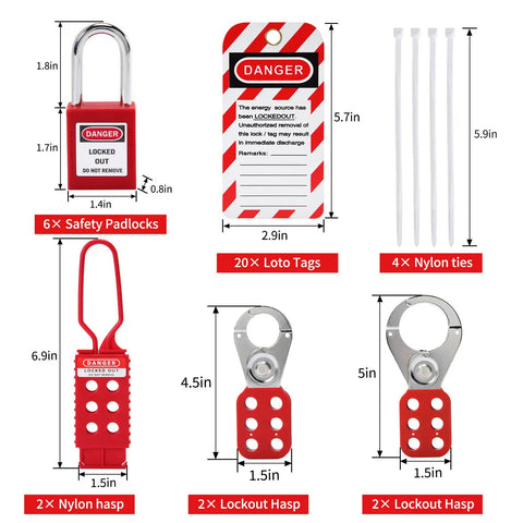 All In One Lockout Tagout Kit With Ball Valve Lockout components including padlocks, loto tags, nylon ties, and lockout hasps.