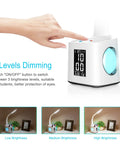 Hand demonstrating 3 levels dimming on 7 In 1 Study Desk Lamp with USB Charging, 256 color changing base, LCD screen, and clock.