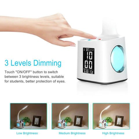 Hand demonstrating 3 levels dimming on 7 In 1 Study Desk Lamp with USB Charging, 256 color changing base, LCD screen, and clock.