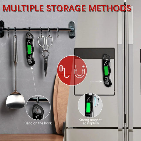 Digital Meat Thermometer With IP67 Waterproof, Backlit Display hanging on hook and magnetically attached to fridge