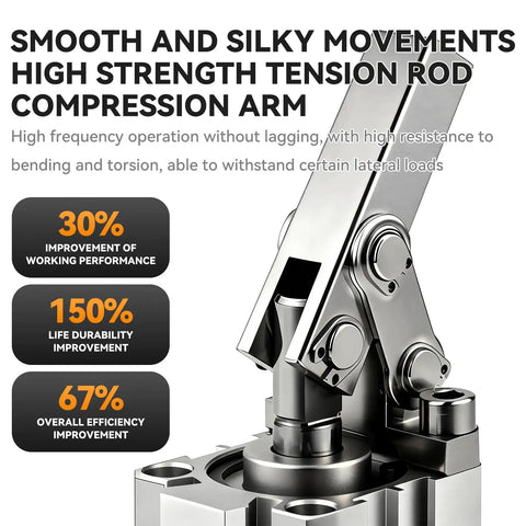 Built Tough Pneumatic Lever Clamping Fixture With Non Magnetic Aluminum Body For Heavy Down Force And Quick Rocker Arm Hold Down in a detailed view showcasing the high strength tension rod compression arm.
