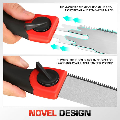 Multi Blade Hand Saw Set With Quick Change Clamp For Wood Metal Plastic Plywood Hacksaw And Handsaw Tools Includes Replacement Blades And Long Blade Easy Install Knob Buckle Durable Handle Pro Grade For Home DIY Projects And Workshop Use showing quick change clamp and knob buckle design.