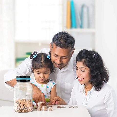 Family using Big Digital Coin Counter Piggy Bank With LCD Display One Point Eight Liter Capacity Holds 800 To 1000 US Coins Blue Money Jar