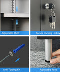 Close-up of lockable metal storage cabinet with locking doors, adjustable shelves, 4 keys, and adjustable feet.