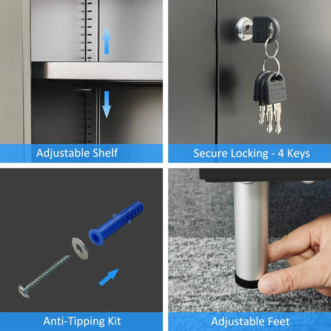 Close-up of lockable metal storage cabinet with locking doors, adjustable shelves, 4 keys, and adjustable feet.