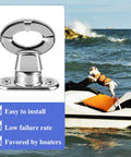 Front view of chrome twist-lock fastener with eyelet and mounting screws for marine canvas