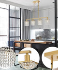Crystal Linear Chandelier 4 Light Brushed Brass Farmhouse Pendant For Dining Room And Kitchen Island Gold Mid Century Modern Rectangle Hanging Light With Raindrop Crystals And Flush Mount Totally Lit