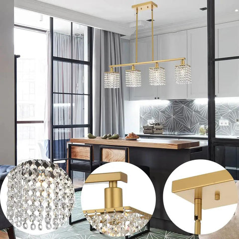 Crystal Linear Chandelier 4 Light Brushed Brass Farmhouse Pendant For Dining Room And Kitchen Island Gold Mid Century Modern Rectangle Hanging Light With Raindrop Crystals And Flush Mount Totally Lit