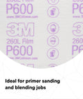 Hookit Finishing Film Abrasive Disc 6 Inch 600 Grit Plus showing texture and branding, ideal for primer sanding and blending.