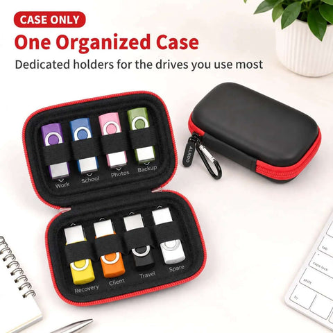 Rock Solid USB Stick Case And Thumb Drive Holder Clutch Tech Storage Pouch For SanDisk Kingston Drives snug fit with seven USB sticks.