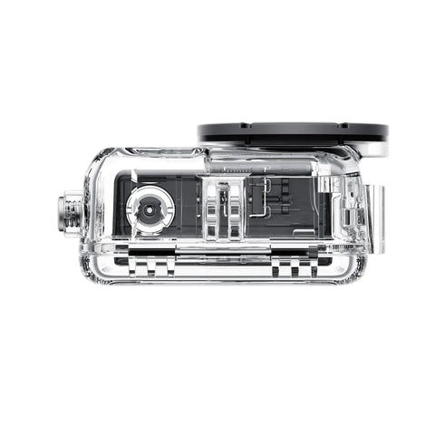Side view of clear case showing lens, buckle lock, Underwater Dive Case Built For GO Ultra Action Camera Waterproof To 197ft 60m