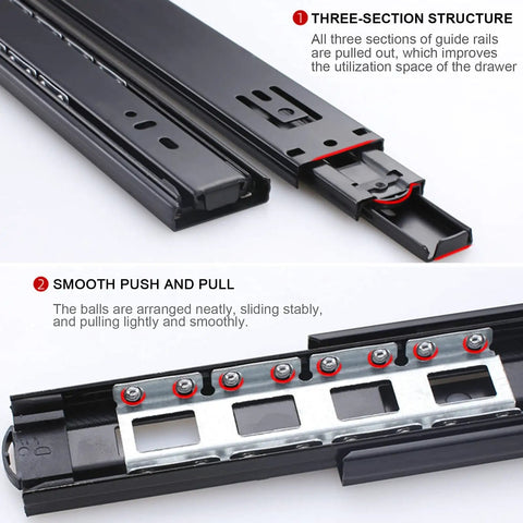 Top Shelf Heavy Duty Full Extension Drawer Slides With Dual Ball Bearings Gliding Smooth As Butter Soft Closing Side Mount Cabinet Hardware Black Finish Supports Forty Five Kilograms Per Pair Easily Daily showing three-section structure and smooth movement mechanism.