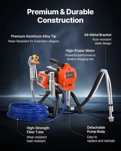 Heavy Duty Stand Airless Paint Sprayer With 1500W Motor And 3300 PSI Pressure, showing premium aluminum tip and durable design.