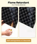 Level Up Your Home Setup With Upgraded Egg Crate Soundproofing Foam For Walls 6 Pack Self Adhesive Acoustic Panels To Crush Echoes And Block Noise Using Fire Safe Peel Tape showing fire retardant properties.
