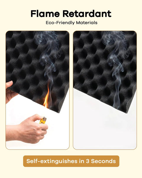 Level Up Your Home Setup With Upgraded Egg Crate Soundproofing Foam For Walls 6 Pack Self Adhesive Acoustic Panels To Crush Echoes And Block Noise Using Fire Safe Peel Tape showing fire retardant properties.