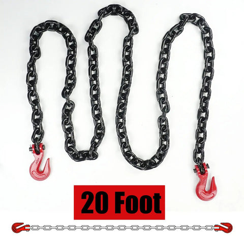 Heavy Duty Three Eighth Inch By Twenty Feet G80 Binder Chain With Clevis Grab Hooks For Flatbed Trailers And Trucks Safe Working Load 7100 Pounds Ideal For Secure Towing And Tie Downs displayed on white background with red hooks