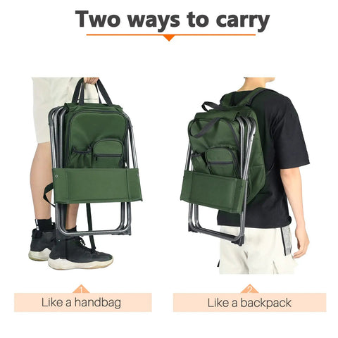 Two ways to carry Backpack Cooler Chair With Backrest, Folding Camping Stool, shown as handbag and backpack.