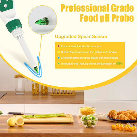 Pro Grade Food pH Meter With High Accuracy 0.01 Resolution For Sourdough And Bread Canning Meat Cheese And Water Spear Type Sensor Large Glass Bulb For Stable Readings showcased on kitchen counter with vegetables